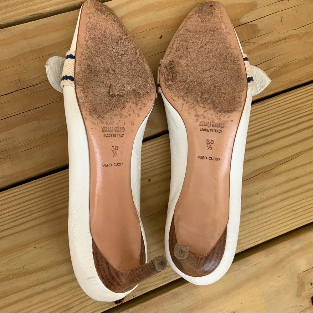Miu Miu by Prada White Navy Blue Stripe Ribbon Heels Shoes Italy 38.5 Leather - Picture 10 of 14